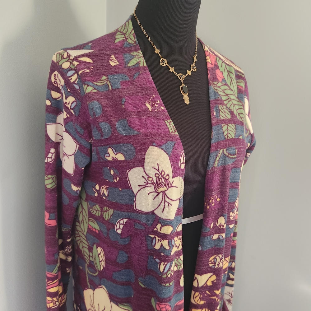 LuLaRoe Janet duster cardigan featuring a purple, floral, and Striped Pattern - Picture 2 of 14